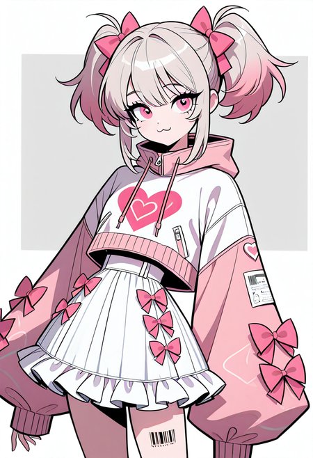 masterpiece, best quality, 1girl, solo, eyelashes, (beautiful eyes),    skirt, long sleeves, white background, bow, jacket, heart, frills, grey background, :3, white jacket, white skirt, frilled skirt, pink bow, pink jacket, barcode,   <lora:Style60_IXL:1.0>,
