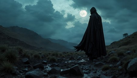 raw movie poster, (masterpiece, best quality:1.5), atmospheric and moody weather, sky partially obscured by dark swirling clouds, desolate heath at twilight, with storm clouds swirling overhead, ground is rough and muddy, scattered with jagged rocks, in the dim light, you see the head of a shadowy figure standing in a dark tattered cloak, robes billowing in the wind, mysterious silhouette, dramatic lighting, ominous atmosphere, in the style of gothic art, visually captivating composition, incorporating the moonlight to create a hauntingly beautiful ambiance, contrasting shadows, extremely detailed