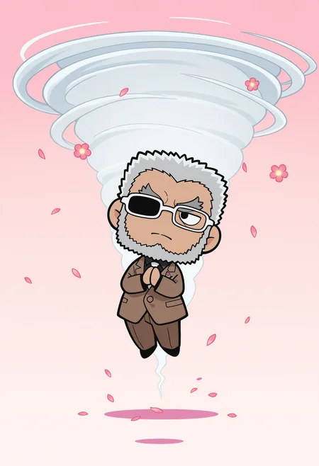 lazypos, 1boy, full body, (solo:1.5), praying, head tilt, clapping, pink background, heart, closed mouth, flower, falling petals, (chibi only:1.5), wind, tornado, flying,
<lora:Kuroda_Hyoue_from_Detective_Conan_v1.0:1>,
kurodahyoue, mature male, grey hair, long sideburns, thick beard, thick eyebrows, forked eyebrows, glasses, partially opaque glasses, single eyebrow,
brown suit, black shirt, collared shirt, white necktie, lapel pin, black footwear