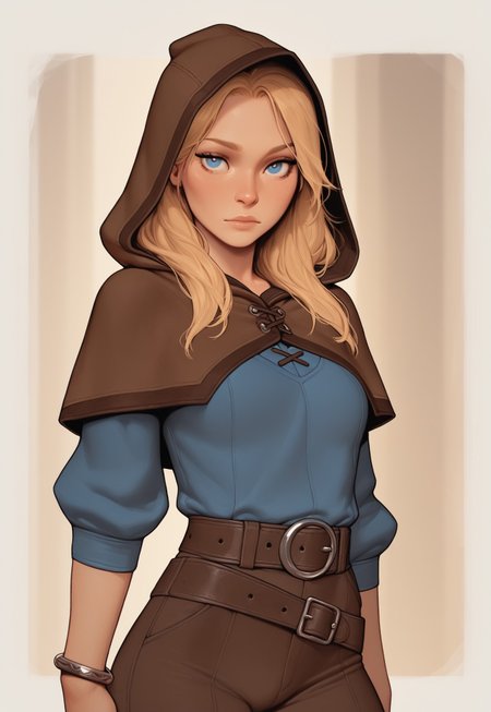 HDR, 8K, masterpiece, best quality, amazing quality, very aesthetic, realistic, newest, volumetric lighting, (flat colors:1), incoth, (incase:0.6),

Close up portrait,

1girl, spellthieflux, blonde hair, blue eyes, brown hood, capelet, blue shirt, belt, bracelet, brown pants, boots