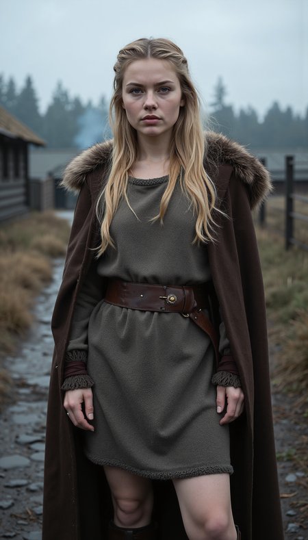 A hyperrealistic, full-body fashion photograph of an 18-year-old woman with a heart-shaped face and large, almond-shaped ocean-blue eyes with upward eyebrows. Her long blonde hair falls in loosely tangled waves, slightly wild and windswept, echoing the fierce, untamed spirit of the Germanic frontier. Her skin is pale with a soft pink undertone, touched by the northern chill and scattered with faint freckles across her nose and collarbones. She is dressed in a Romanized-Germanic ensemble: a practical woolen tunic in weathered ash-grey, cinched with a rough-woven belt of dyed leather. Over it, she wears a heavy, fur-lined cloak of dark brown sheepskin, draped over her shoulders and clasped with a bronze brooch. The tunic modestly outlines her medium breasts and falls to her knees, where high leather boots lace up over woolen wraps. She wears no visible cosmetics—only the natural glow of the cold and firelight—yet her lips retain a soft, natural pink hue.

She stands in a grounded, alert pose—her body turned three-quarters away from the camera, head slightly tilted toward the lens, eyes calm but fierce, evoking quiet strength. The image is shot on a full-frame DSLR with an 85mm lens at f/2.8, keeping her in razor-sharp detail while softly blurring the rustic backdrop.

Behind her lies a lightly Romanized village on the edge of a dense forest—wooden watchtowers, timber-framed homes with thatched roofs, and muddy stone-paved paths hinting at the empire’s reach into Germania. Wisps of smoke rise from distant chimneys. The scene is bathed in soft, diffused northern light—grayish-blue sky filtered through mist and low clouds. A rim of cool light defines her silhouette, catching on the fur of her cloak and the edges of her tousled hair.

The overall aesthetic is editorial and raw—blending the disciplined elegance of Roman fashion with the wild spirit of the frontier. Visually striking and historically grounded, the image feels like a cover feature from a high-end fashion magazine reimagining the edge of empire with cinematic authenticity.