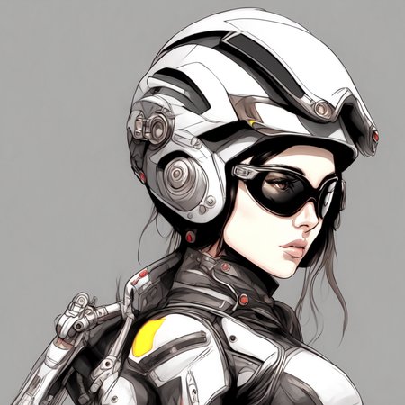 (BionicBikerGirl style:1) a drawing of a woman wearing a helmet and goggles <lora:BionicBikerGirl:1>