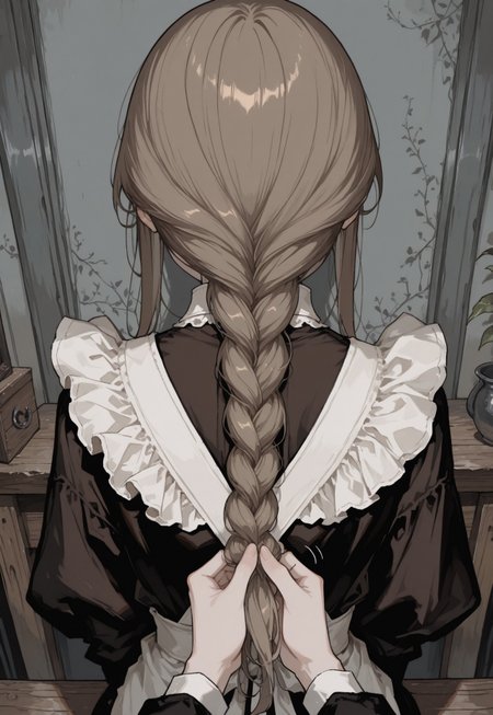 solo, detailed, ethereal, soft lines, from behind, upper body, 

inside, grey room, wooden furniture, 

female pov, pov hands,  pov braiding hair,

1girl,  brown hair,  single_braid, long black dress, long black sleeves, white collar, white frills, white apron, [black pantyhose, brown shoes,],

masterpiece, best quality, very aesthetic, absurdres, newest, 

masterpiece, best quality, amazing quality, very aesthetic, absurdres, 