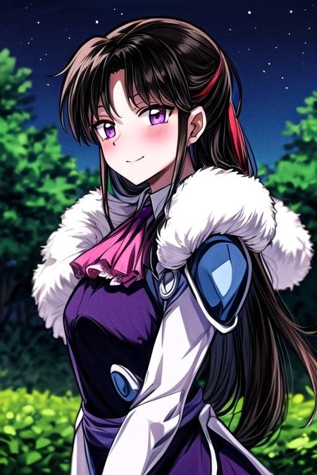 masterpiece,  best quality 1girl Setsun4 solo long hair,  (night time) forest background black hair very long hair purple eyes multicolored hair armor (fur trim) (medium body),<lora:EMS-179-EMS:0.800000>,<lora:EMS-293862-EMS:0.800000> bow, hair_bow, hair_tubes, red_bow, brown_hair, long_hair, bangs, ascot, frilled_bow, yellow_ascot, blush, smile, hair_between_eyes, athletic, armor