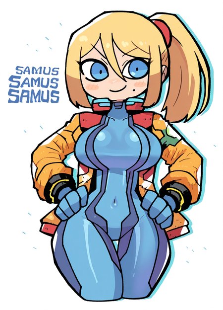 <lora:rariatooILLUS:1> rariatoo,
(masterpiece), (best quality), (ultra-detailed), amazing quality, very aesthetic, illustration, perfect composition, intricate details, absurdres, incredibly absurdres, shiny skin, realistic,
dynamic pose, perspective, rariatoo, 1girl, samus aran, blonde hair, blue bodysuit, zero suit, blue eyes, ponytail, mole under mouth, smile, large breasts, hands on own hips, open jacket, thigh gap, white background, open clothes, long hair, cropped legs, simple background, closed mouth, covered navel, blush stickers, character name, english text, jaggy lines, hair between eyes, gloves, looking at viewer, cowboy shot