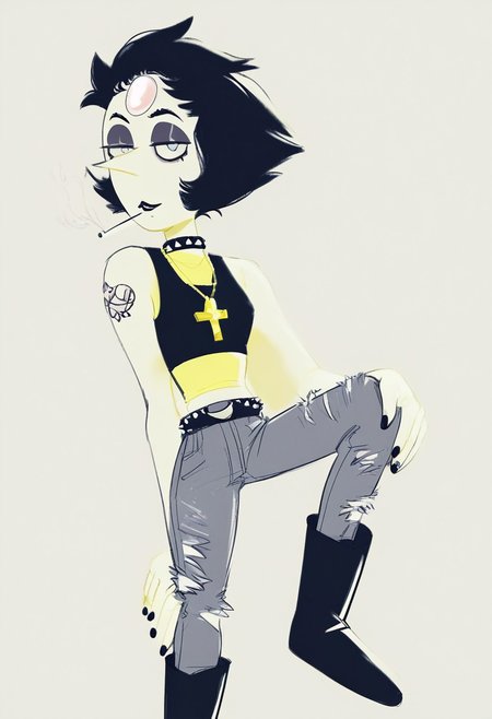 dsk_death, 1girl, solo, pearl, black hair, choker, necklace, cross necklace, nail polish, black tank top, yellow star shirt, tattoo, cargo pants, midriff, lipstick, makeup, belt, spiked hair, black boots, makeup,  BREAK zPDXL2, smoking, gothboots, boots with straps, knee high boots, ripped jeans,