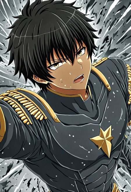 high resolution, solo, best quality, 1Boy, Seiya Kanie, black hair, short hair, military, action, OverallDetail