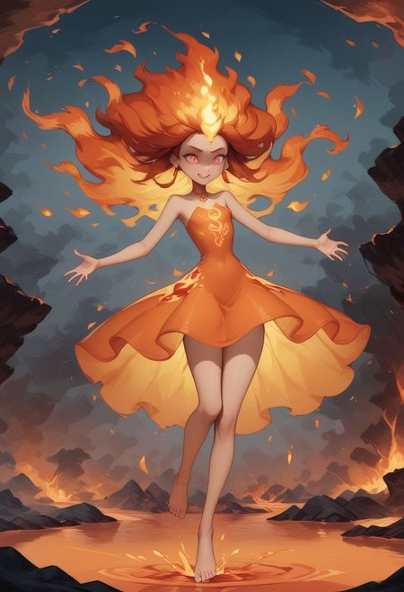 score_9, score_8_up, score_7_up, 1girl, fire sylph, pool of lava, lava rivers, magma, lava bubbles, dripping lava, body made of flame, skin on fire, floating, slim, wearing flaming sundress, lava dripping from body, arms out to sides, feet together, glowing eyes, sensual, radiating fire energy, flames covering body