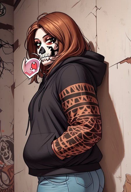 <lora:Meesh_Style_B:0.8>, meesh, by meesh, score_9, score_8_up, score_7_up, score_6_up, score_5_up, score_4_up, (1girl, Yona, anthro yak, perfect proportions, perfect body, bbw, obese, fat, big butt, plump, thick arms, thick thighs, seductive, larger breasts, soft breasts, fluffy breasts, massive nipples, massive areolas, giant woman), 
goth girl outfit (solo, black hoodie, jean shorts, black thighhighs, black choker), pose (solo, indoors, standing alone, back against wall, arms down, hands in hoodie pocket, looking at viewer, sexy expression, blowing kiss, seductive eyes}, skull makeup, view from front skull tattoo, facial_tattoo, skeleton makeup, skull facepaint