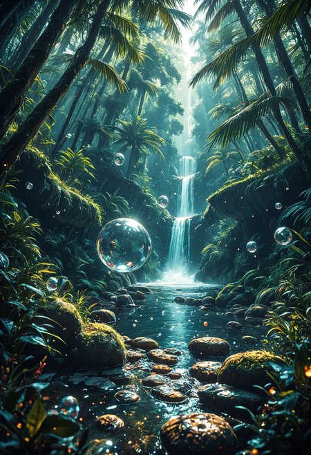 SmoothNoob_Quality, tropical forest, otherworldly, science fiction, floating bubbles, floating particles, water drop, scenery, wide shot,  <lora:Smooth_Booster:0.5>​​​
