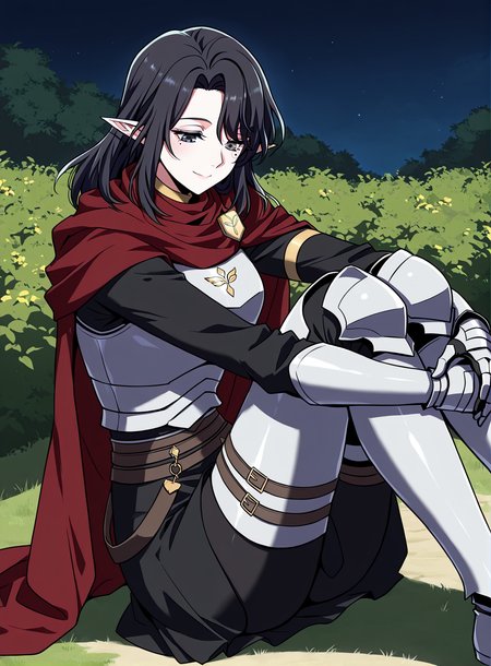 <lora:Aya_Grephin__The_Beginning_After_the_End__Illustrious:1>
1 girl, solo, female elf, medium length black hair, pointed ears, mole under left eye, black eyes, 
dark red cape, red scarf, golden crest, white chest armor, silver gauntlets, armored gloves, black undershirt, dark skirt armor, waist belts, thigh armor, armored boots, cloak fluttering, fantasy knight outfit, fantasy style
score_9, score_8_up, score_7_up, very aesthetic, source_anime, detailed, high quality, beautiful, detailed eyes, masterpiece, best quality, absurdres, perfect anatomy, 1girl, solo, hugging your own legs, sitting, garden background, charming smile, night
