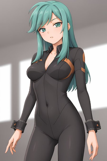 (black bodysuit wrist cuffs:1.60), cra-billy, green eyes, eyeliner, green hair, bangs, swept bangs, long hair, sidelocks, 
medium breasts, 1girl, solo, skinny, (source_anime, score_9, score_8_up, score_8, score_7_up), score_7, score_6_up, score_6, score_5_up, score_5, 
(horny:1.30),
(indoors:0.80),
(straight-on:1.60), (:1.20),
<lora:cra-billy-V04:0.80>