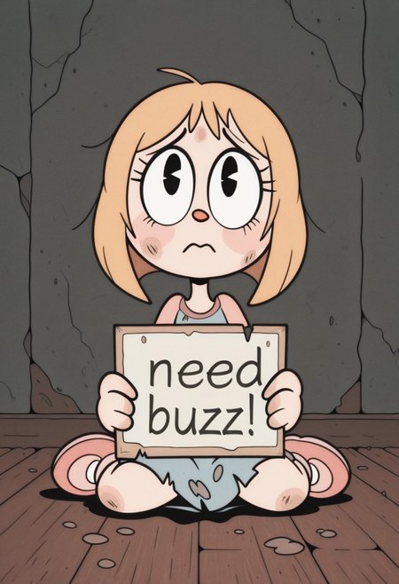 RetroXL, 1girl, toon \(style\), general, flat color, black eyes, sitting on floor, torn clothes, messy, dirty clothes, sad, need_buzz, holding sign, looking up at viewer, masterpiece, very aesthetic, absurdres