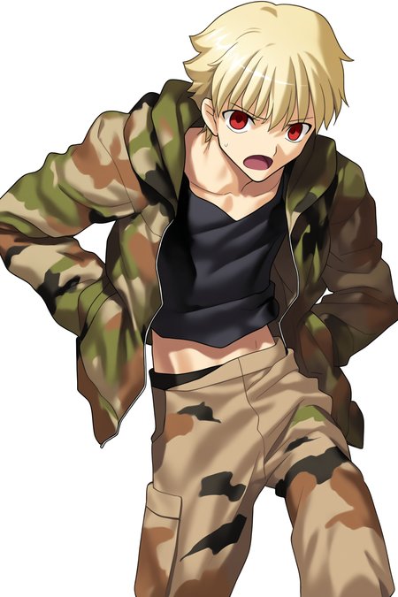 fatesnha, oekaki, solo, short hair, blonde hair, 1boy, red eyes, male focus, midriff, hood, sweatdrop, crop top, hoodie, transparent background, casual, camouflage, child gilgamesh \(fate\), 
(masterpiece, best quality, absurdres, highres, newest, very awa:1.2), 
