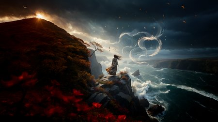 cinematic still Depict a serene scene in which a figure stands on a cliff, their hair and clothes billowing in the wind. Surrounding them are swirling gusts of wind that form visible patterns, carrying leaves, petals, and glimmers of light. Birds soar gracefully above, riding the air currents. The atmosphere is one of calm and connection, capturing the invisible yet powerful force of the wind as it moves through the landscape . emotional, harmonious, vignette, 4k epic detailed, shot on kodak, 35mm photo, sharp focus, high budget, cinemascope, moody, epic, gorgeous, film grain, grainy, Depict a serene scene in which a figure stands on a cliff, their hair and clothes billowing in the wind. Surrounding them are swirling gusts of wind that form visible patterns, carrying leaves, petals, and glimmers of light. Birds soar gracefully above, riding the air currents. The atmosphere is one of calm and connection, capturing the invisible yet powerful force of the wind as it moves through the landscape, cinematic, dynamic, ambient, intricate, highly detailed, sharp focus, perfect composition, elegant, beautiful, confident, color, aesthetic, very inspirational, innocent, illuminated, inspired, creative, artistic, deep rich colors, amazing, spiritual, fabulous, shiny, pretty, awesome, coherent, joyful, brilliant