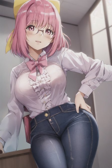 nakagawa kanon, white pupils, pink hair, hair ribbon, large breasts, office, office lady, glasses, jeans, white button shirt, sleeveless, 1girl, solo, <lora:Kanon V3:0.6>
