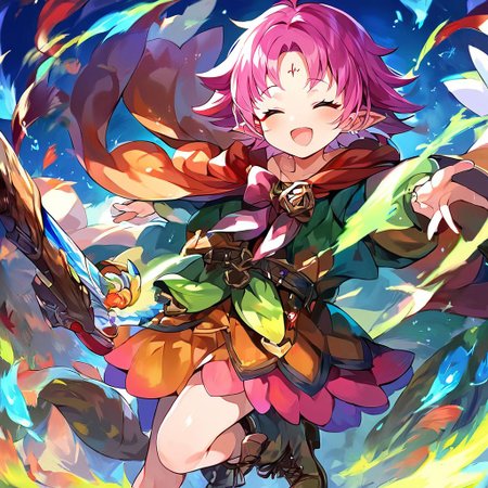 score_9, score_8_up, score_7_up, source_anime, rating_explicit, BREAK  <lora:Fae_Fuuin_no_Tsurugi_XL:1>
fae, closed eyes, open mouth, dress, long sleeves, cape, long hair, boots, holding, facial mark, smile, pink hair,