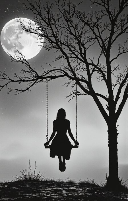 black-and-white photograph captures a hauntingly beautiful scene of a solitary figure sitting on a swing. The image is set against a gradient sky transitioning from a dark, star-filled night to a lighter, more serene morning. A large, full moon dominates the upper left quadrant, its luminous glow casting a soft, ethereal light across the scene. The figure, whose gender is indistinguishable due to the silhouette, sits on a swing hanging from a bare tree with twisted, leafless branches. The swing is positioned slightly to the right of center, with the figure sitting at the very edge, their legs dangling. The swing's chains are clearly visible, hanging down to the ground. The figure appears to be wearing a dress, with their arms resting on their lap. The ground beneath the swing is dark and textured, suggesting a rocky or uneven surface. The overall mood is melancholic and contemplative, enhanced by the stark contrast between the dark, detailed silhouette of the figure and the lighter, more diffuse background. The photograph is a striking example of minimalist art, emphasizing the interplay between light and shadow, and the human form in a natural setting., <lora:aidmaImageUpraderv0.3:0.4>, aidmaimageupgrader, <lora:diffusion_pytorch_model:1>, <lora:aidmaMJ6.1_v0.5_3:0.7>, aidmaMJ6.1, ultra quality, ultra detailed, intricate details