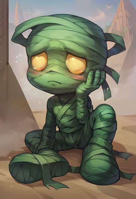 score_9, score_8_up, score_7_up, score_6_up, 4mumu, mummy, 1boy, male focus, yellow eyes, bandages, full body, <lora:Amumu_Default_v1:0.8>, blush, solo, looking at viewer