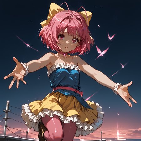PonyScores7, source_anime, ah1, <lora:natsumi_style:1>, BREAK 1girl, (uneasy look, darting eyes, pursed lips), (Arms stretched overhead reaching for the sky), (Boat Race), looking at viewer, (<lora:kanon-nakagawa-s1s2-ponyxl-lora-nochekaiser:0.8> kanon nakagawa, short hair, pink hair, hair bow, pink eyes, antenna hair,, skirt, pantyhose, boots, choker, idol, pink pantyhose, frills, yellow skirt, frilled skirt, sleeveless, bare shoulders, collarbone, dress, blue dress, strapless, strapless dress,), BREAK <lora:xl_more_art-full_v1:0.2>, <lora:shinyskin2:0.2> glistening skin, <lora:aesthetic_anime_v1s:0.2>, <lora:Expressive_H:0.2> Expressiveh, <lora:hairdetailpxl:0.2> hairdetailpxl, <lora:EpicF4nta5yXL:0.2>, <lora:detailxl:0.2> detailxl, <lora:Fant5yP0ny:0.2>, best quality, amazing quality, best aesthetic, absurdres, <lora:expressive eyes:0.2> expressive eyes, <lora:eyedetailpxl:0.2> eyedetailpxl, illustration, Volumetric_Lighting, ultra-detailed, very aesthetic, intricate details, 8k, masterpiece, best_quality, BREAK (Golden Ratio shot), BREAK <lora:Eyes_High_Definition:0.3> EyesHD, Stable_Yogis_PDXL_Positives, AS-Adult, <lora:Complicated fantasy portrait - XL Pony V2.0:0.4>, bad-hands-5,