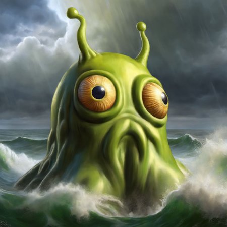 A brain slug as Cthulhu  is rising from the sea in a great storm <lora:SDXL-BrainSlug-Lora:1>, Very detailed, clean, high quality, sharp image, based on H.P Lovecraft stories, Naoto Hattori