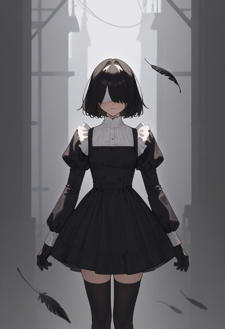 masterpiece, best quality, white blindfold, covered eyes, mole under mouth, clothing cutout, long sleeves, puffy sleeves, juliet sleeves, feather trim, black thighhighs, black gloves, black dress, black skirt,  <lora:Abbystea_Style_LoRA_XL:1>, abbystea style