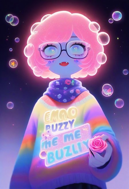 score_9, score_8_up, score_7_up, score_6_up, w0gf1l, mad-cable ,  1 girl,emo makeup, short hairs, veil  made_of_bubbles , ((colorful sweater made of mad-cable)) , ((scarf made of mad-cable))  vampire fangs, long sharp claws, thick glasses,holding sign that says:"make me Buzzy...", 
biolumen,hair accesory, single rose flower, blood red  rose, the  contur of the petals glow eerily white,  surreal ,upper body shot, from below, g0thicPXL, glowing, neon,