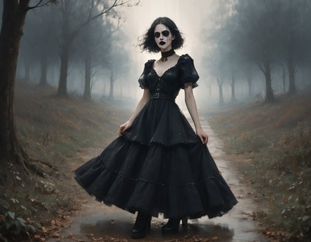 (score_9,score_8_up,score_7_up:1), 1girl, full body, amateur shot, horror, naturalism, natural lighting, happy, (goth, (black lipstick, black mascara, black eyeshadow)), (skinny), neonglow color hair, laurel braided hair, choker, eyeshadow)), (etherial glowing skin), medium breasts,<lora:breasts++-PD-swooping-1.0:1> swooping breasts, (floating), ghostly planet, (<lora:goth_clothes:1>, goth dress, gothic jewelry, black dress, detailed dress, black high heeled shoes), <lora:source_real_life:1> perfect_aesthetic