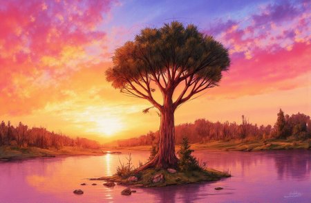Sharp image of a rough sketch, rendered in vibrant multi colour ballpoint pen, capturing the adorable features of a digital illustration of a beautiful sunset scene. The sky is filled with vibrant colors, ranging from deep oranges and reds to lighter pinks and yellows. The sun is setting in the background, casting a warm glow over the landscape. In the center of the image, there is a large tree with a thick trunk and branches, standing on a small island in the middle of a body of water. The tree is surrounded by rocks and grass, and there are a few other trees scattered around the island. The overall mood of the scene is peaceful and serene.  p3nsk, <lora:p3nsk:1>