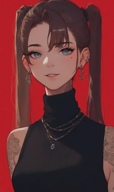 score_9, score_8_up, score_7_up, score_6_up, score_5_up, score_4_up, solo, Urban reflection, anime drawing of a girl, wearing an turtleneck sweater, red background, 1girl, solo, jewelry, twintails, piercing, earrings, mole, necklace, ear piercing, turtleneck, tattoos,