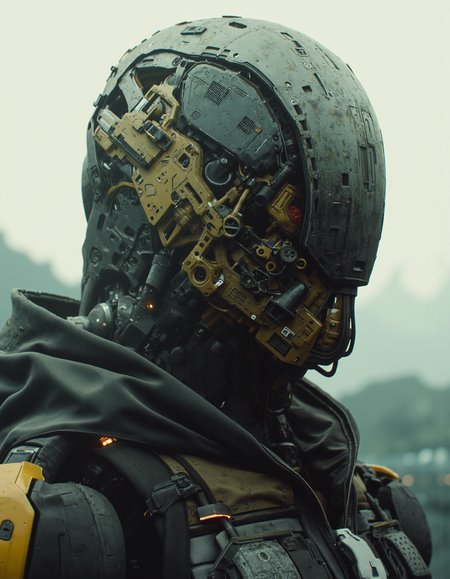 SCI_FACTOR_CORE cyberpunk,This is a digital artwork in the style of ckgr, concept art, man is an android, the humanoid robots plastic camouflage cyborg mask is open, the mechanical parts of the robot are visible inside, background is a vast battlefield with mountains in background, 
