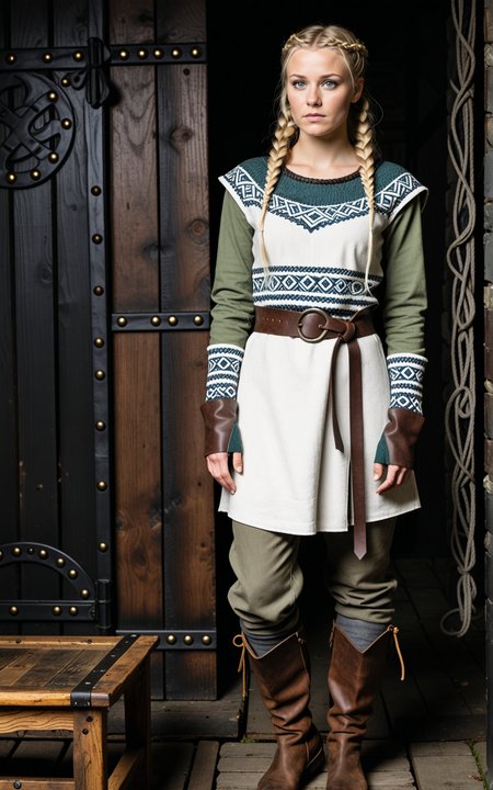 1girl,Viking, Torvi from the TV series Vikings, Georgia Hirst, 32yo, narrow nose, blonde hair, long hair, several braided pigtails, hair accessories, blue eyes, trained body, medium breasts, A travel ready ensemble in frost white, basalt gray, and pine green, featuring a layered woolen tunic with reinforced leather shoulders. The tunic is secured with a hand braided cord belt, while the sleeves are fastened with bronze spiral cuffs. Paired with fitted linen trousers and ankle wrapped hide boots.,