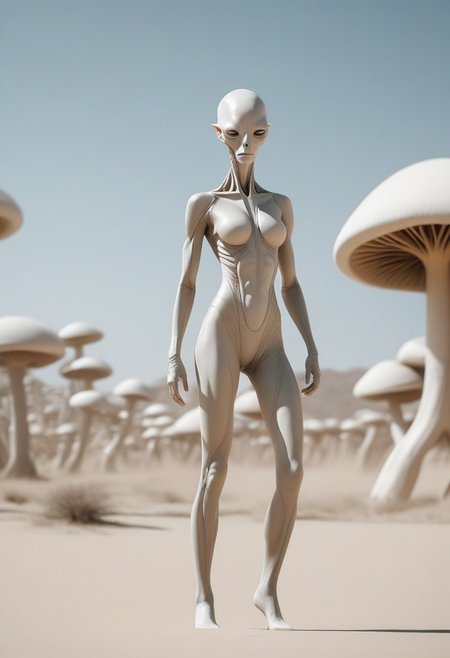full length photo, beautiful alien woman, skin-tight plain white bodysuit, pale skin, no helmet, no gloves, white stiletto heel boots standing in a extra-terrestrial white sand desert, she is calm, surrounded by giant alien fungi, she is looking at  the viewer, her hands are cupping her breasts, bald, no hair
cinematic film still, shallow depth of field, vignette, highly detailed, high budget, bokeh, cinemascope, moody, epic, gorgeous, film grain, grainy
alienailf