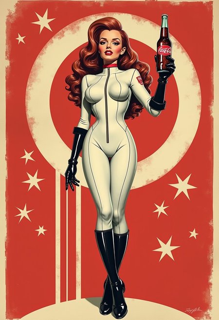 Retro-futuristic pin-up astronaut with a 1950s aesthetic, posed in a playful and confident manner, wearing a tight white space suit with red accents, black gloves, and high-heeled boots. She holds a vintage, ray gun-style soda bottle emblazoned with "Nuka Cola," set against a vibrant red background with bold white stars and a circular emblem. The scene captures the nostalgic optimism of mid-century space exploration fused with the sleek style of classic Americana advertising. [Retro-Futurism | Pop Art | 1950s Pin-Up] [Digital Painting | Poster Art] in the style of [Roy Lichtenstein | Norman Rockwell | Gil Elvgren], [halftone shading | airbrush effects | bold outlines], inspired by [Fallout | Atomic Age | Space Age Pop].