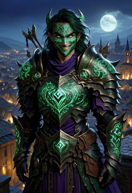 PEJoker, high quality, HD, full body, dramatic lighting, cinematic composition, detailed, dark green glowing rune armor,  intense eyes, wide smile, concept art, trending on ArtStation, (dark, evening, (vignette))), holding a dark violet glowing rune card, city, night, rooftop, moon in the sky, unfocused background