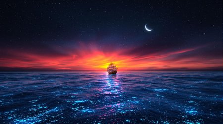 A majestic cinematic shot frames the lone ship gliding across the deep blue ocean, against the breathtaking backdrop of a fiery orange-pink sunset dissolving into inky blackness. The crescent moon casts a soft glow, illuminating the bioluminescent water's shimmer. The vast ocean and celestial sky evoke tranquility, wonder, and awe, while the solitary ship adds mystery and adventure, inviting the viewer to embark on a fantastical journey across the starry sea.