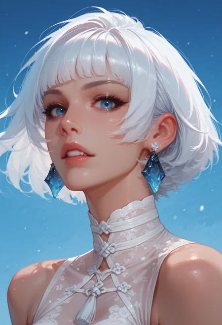 1girl, solo, jewelry, blue eyes, earrings, short hair, portrait, parted lips, realistic, white hair, lips, teeth, nose, white choker, eyelashes, looking at viewer, blue background, blue sky, sky, blurry, winter Asian, japanese, chinese, turtleneck, bare shoulders,  bangs, masterwork, masterpiece, best quality, , dynamic pose,,  dynamic angle, , , (realistic:1.2), (lineless:1.2), detailed, <lora:Detailer_NoobAI_Incrs_v1:0.75>, , aged up, adult, depth of field, , blurry, cheekbones, dynamic lighting