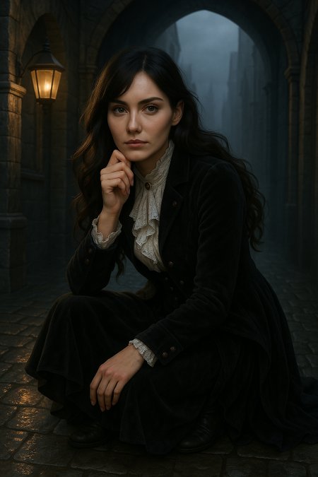 1girl, aristocrat_fashion, romantic_gothic, long_dark_coat, ruffled_shirt, flowing_fabric, black_lace, ornate_buttons, melancholic_expression, worried, wide_eyes, hand_on_own_mouth, asymmetrical_bangs, squatting, dynamic_pose, startled, dusk_lighting, gothic_architecture, cobblestone, wet_surface_reflection, mist, alleyway, lantern_glow, deep_shadows, soft_backlight, elegant_hair