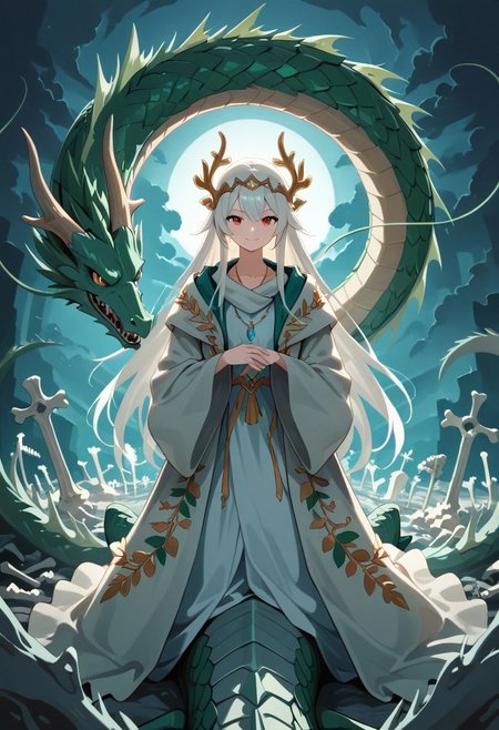 outdoor,core_9, score_8_up, score_7_up, anime_source,girl and dragon,(1 girl:1.5,white hair,long hair,gray luxurious robe,ornamental robe,pendant with round jewelry,tiara) and,
(1 dragon,bone dragon,boneswm),
A woman stands next to a bone dragon,The dragon is protecting her and she leans against its head,
masterpiece,best quality,super fine illustration,smile,(The background is a dense  cemetery:1.1),Limited Color Pallet,boneswm,dragon riding,