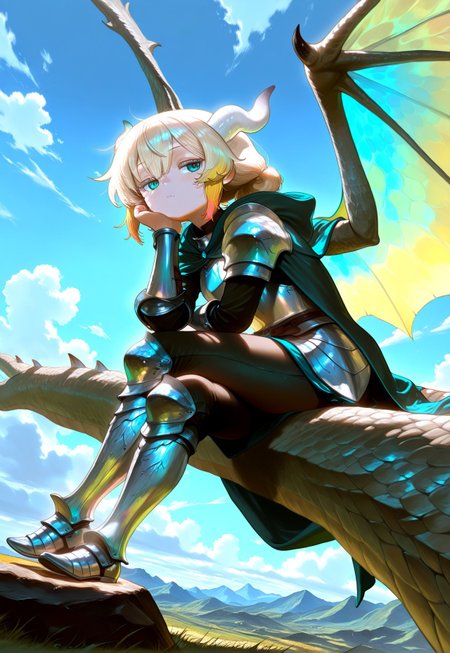 masterpiece,best quality,amazing quality,very aesthetic,absurdres,newest,


1girl,
blonde hair,special curls hair,
slant eyes,
aqua eyes,

half_dragon, dragon claws, dragon wings, dragon sclaes, dragon horns, dragon_hybrid

knight,armor,cloak,

pensive,

closed mouth,


BREAK 

addmicrodetails,

cvle01,



5fingers,

soro,

sitting,
head rest,head tilt,
crossed legs,

outdoors,
blue sky,cloud,
ruin,

full body,
dynamic angle,

looking away