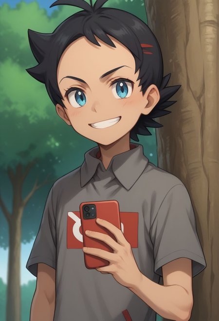 score_9, score_8_up, source_anime, highly detailed, 1boy, solo, skinny, human child,
go2, blue eyes, smile, male focus, closed mouth, tree, shirt, short sleeves, black hair, grey shirt, eyelashes, grin, hold, holding smarphone, taking a picture,
outdoor,