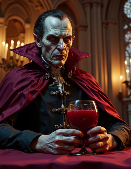 zavy-vmpr, Dramatic low-angle close-up, regal vampire with aristocratic features and a flowing crimson cape, gazing intently at a blood-red goblet filled with ancient wine, surrounded by a dimly lit opulent chamber adorned with gothic arches and flickering candlelight, cinematic style capturing rich textures and deep shadows, warm golds and vibrant purples contrasting with eerie silvers.