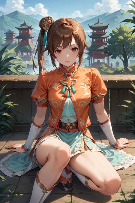 score_9, score_8_up, score_7_up, source_anime, masterpiece, A woman sitting on a bed with one knee up, the other leg stretched out, her hands resting on the bed behind her., <lora:Xiaoqiao_Dynasty_Warriors:0.8> 1girl, solo, brown hair, side ponytail, brown eyes, chinese clothes, skirt, hair ornament, outdoors, looking at viewer