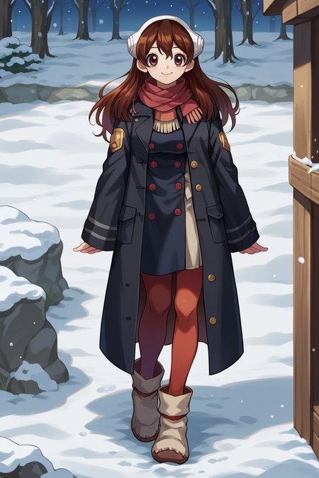 score_9, score_8_up, score_7_up, score_6_up, source_anime, BREAK 1girl, solo,  <lora:dsyuzu-pdxl-nvwls-v1-000005:1> dsyuzu, brown hair, headphones, long hair, medium breasts, red scarf, black peacoat, black coat, red pantyhose, buttons, boots, winter, snow, looking at you, smile, night