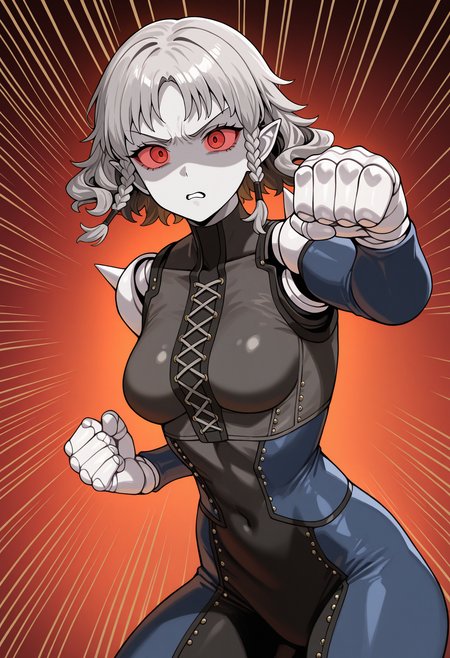 1girl, cosplay, looking at viewer, disgust, punching, clenched hand, incoming attack, emphasis lines, v-shaped eyebrows, <lora:AgratSMT-illu:1> agrat, grey hair, short hair, curly hair, twin braids, grey skin, red eyes, red sclera, pointy ears, doll joints, medium breasts, skin tight, (niijima makoto:0.85), two-tone bodysuit, shoulder spikes, cross-laced clothes,  simple background, masterpiece, best quality, good quality, newest