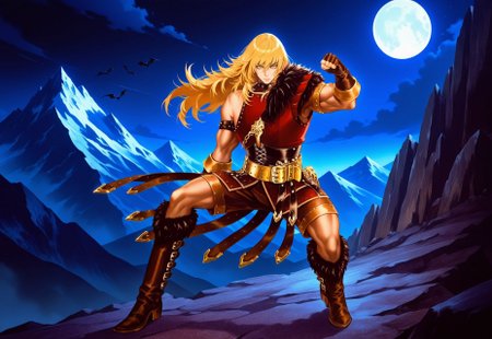 safe_pos, masterpiece, best quality, amazing quality, very aesthetic, absurdres, newest, chronsimonilxl, 1boy, male focus, muscular, long hair, blonde hair, single armband, fur lined shoulder armor, studded brown leather armor, brown leather shorts, gold belt, straps, brown belt straps,  fingerless gloves, choker, fur lined boots, full body, ((action pose)), ((dynamic pose)), mountain, dark mountain backdrop, night, moon, bats, looking at viewer