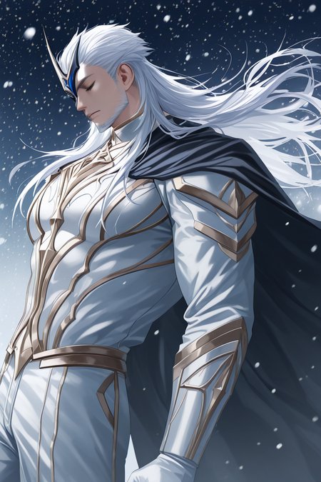 realistic shading, dark environment, dim lighting, expressive face, looking down, pierrogi, white_pierrogi_facial hair, white_pierrogi_long hair, black-blue-gold_pierrogi_one eye mask, closed eyes, manly, 1boy, serious, cowboy shot, standing, white armor, shirt, white gloves, white pants, black cape, snowflake, dark cold outdoors, snowing, winter, windy, floating hair, floating cape, from side, dutch angle, dynamic angle, depth of field, atmospheric perspective, intricately detailed illustration, masterpiece, best quality, amazing quality, very aesthetic, absurdres, newest