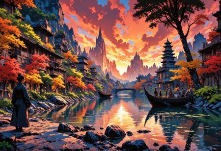 a city on the water beautiful landscape, sunset, woman, very intricate, very detailed, sharp, bright, colorful, <lora:Hand v2:0.5> <lora:Anti-Blur:1><lora:Insane Detail Slider:0.25>  <lora:flux.1_lora_flyway_Epic-detail_v2:0.3> <lora:fluxenhancer:0.25> <lora:ROWER:0.6> <lora:flux-charmer-v1-1:0.4><lora:Vibrantly_Sharp_style_v.5:0.4> <lora:realanime:0.7> <lora:Chinese_Ink:0.3> chinese ink style