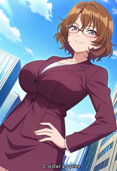 general,highres, ultra-detailed,very aesthetic,best quality ,best hands,best eyes,easynegative,
dynamic anglre, dutch angle, anime cloring,anime screencap,
1girl solo,looking at viewer,city,hand on hip,smile, 
Suzuka RYUUZAKI,brown_hair, short_hair,wavy hair, huge_breasts, grey eyes,glasses,suits, skirt,