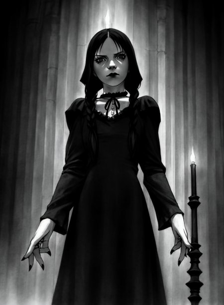 Wednesday Adams, the iconic and gothic character from The Addams Family. The costume should be highly detailed and accurately depict Wednesday's appearance and features, including her distinctive black dress and braids. The image should show Wednesday in a stoic and introspective pose, with her body posture and facial expression conveying her intelligence and wit. The lighting should be natural and atmospheric, and the overall aesthetic should be gothic and mysterious. The image should be rendered in a realistic style, using vibrant and lifelike colors and highly detailed textures. The composition should be dynamic and engaging, with Wednesday's costume serving as the main focus of the image.